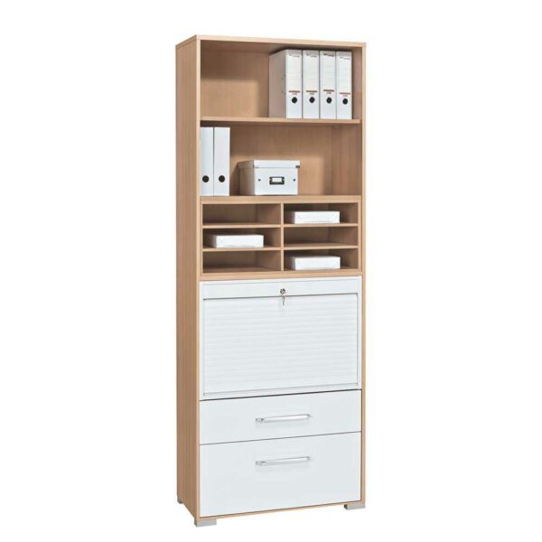 Müllermöbel Büro Rolloschrank in Weiß und Buche Optik 80 cm breit