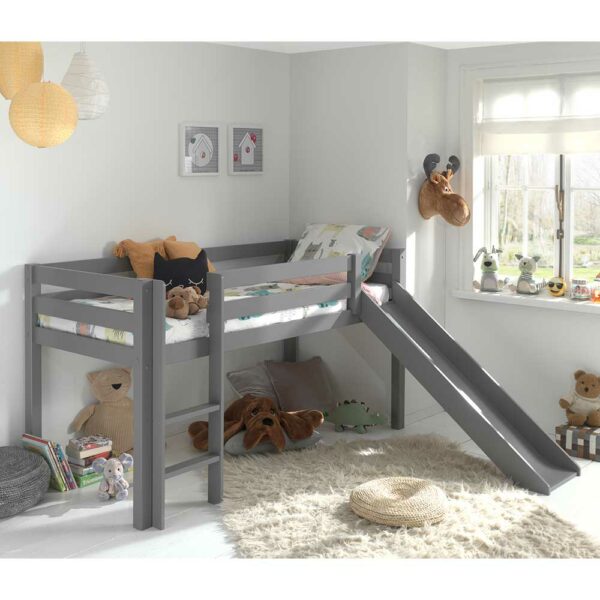 4Home Graues Kinderhochbett mit Rutsche Kiefer Massivholz