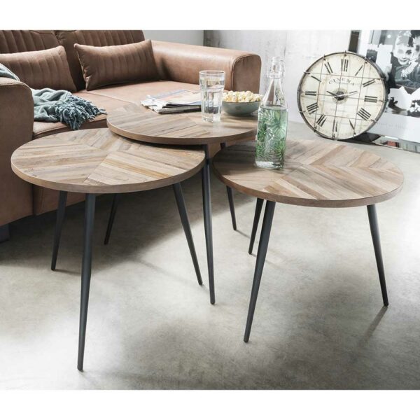 Life Meubles Drei Beistelltische aus recyceltem Teak Massivholz Metall (dreiteilig)