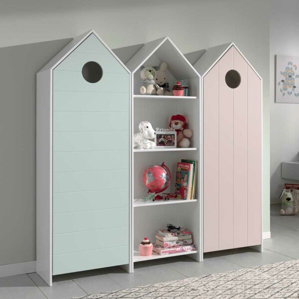 4Home Kinderzimmerkleiderschrank Set in Mintgrün und Rosa Regal in Weiß (dreiteilig)