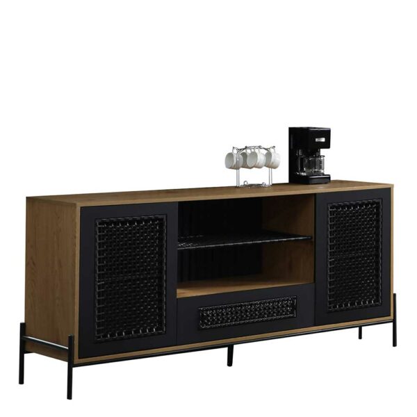 Rodario Sideboard in Holz Naturfarben und Schwarz Kunstrattan Front