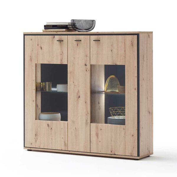 TopDesign Highboard Vitrine in Eichefarben und Anthrazit modern