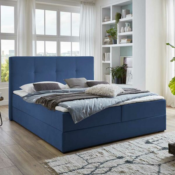 iMöbel Stauraum Polsterbett in Blau Webstoff 118 cm hoch