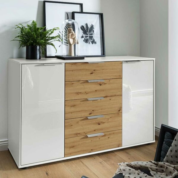 Franco Möbel Küchensideboard in Eiche Bianco Weiß glasbeschichtet