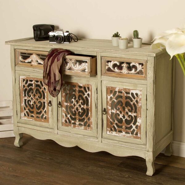 Doncosmo Shabby Chic Sideboard in Graubraun drei Schubladen und Türen