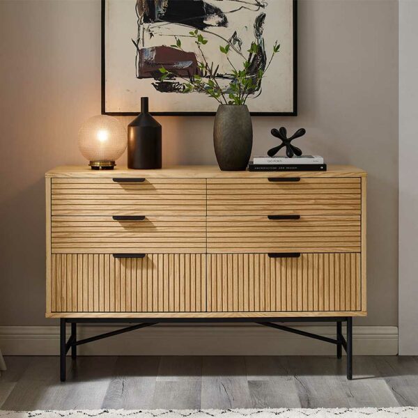 Rodario Sideboard mit Schubladen im Skandi Design Eichefarben und Schwarz