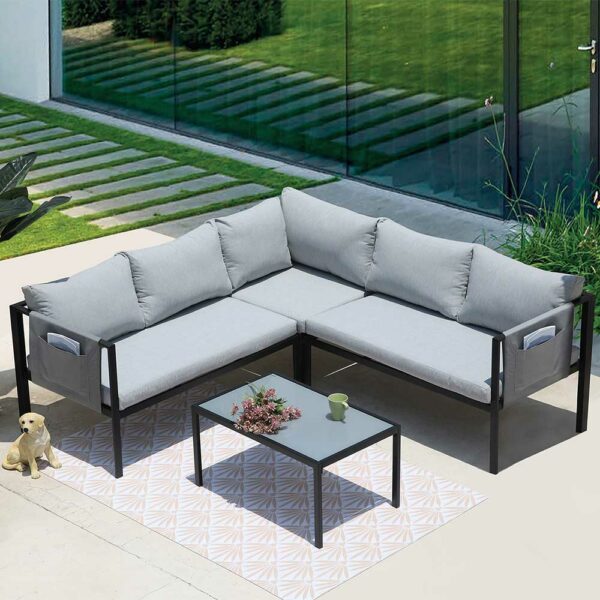 iMöbel Lounge Outdoor Ecksofa in Grau und Schwarz inklusive Tisch (zweiteilig)