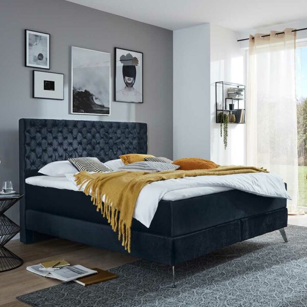 Homedreams Boxspringbett in Dunkelblau Samt Chesterfield Look