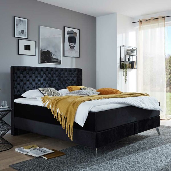 Homedreams Schwarzes Boxspring Bett mit Chesterfield Steppung 58 cm Einstiegshöhe