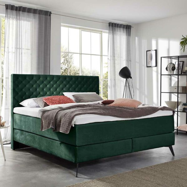 Homedreams Chesterfield Boxspring Bett in Dunkelgrün Samt Metall Gestell