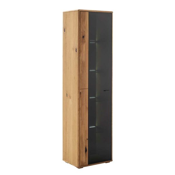 TopDesign Wohnzimmervitrine schmal in Wildeichefarben und Anthrazit 190 cm hoch