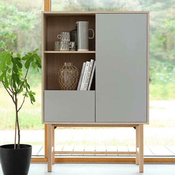 TopDesign Esszimmer Highboard in Eiche Bianco und Hellgrau 150 cm hoch