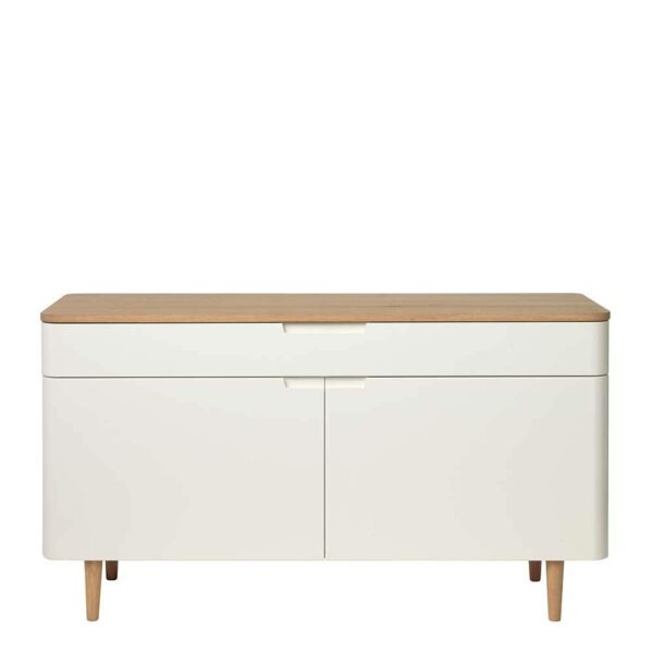 TopDesign Retro Sideboard in Weiß und Eiche Bianco furniert 140 cm breit