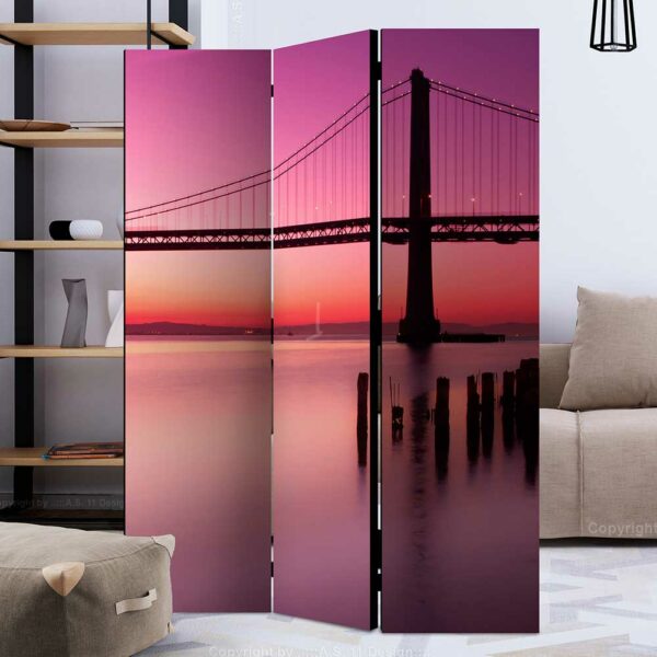 4Home Paravant Leinwand in Pink und Violett Abendstimmung mit Brücke