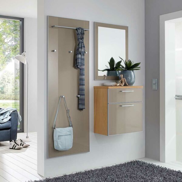 Homedreams Garderobenmöbel in Taupe Glas beschichtet Eiche Bianco furniert (dreiteilig)