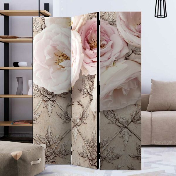 4Home Paravent Umkleide in Beige und Rosa Rosen Motiv