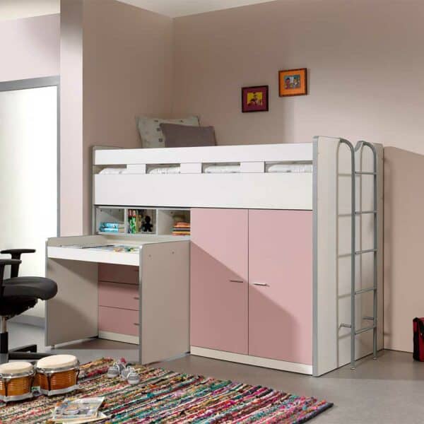 4Home Mädchen Hochbett mit Schrank und Schreibtisch Rosa und Weiß