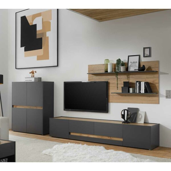 Brandolf Wohnzimmer Anbauwand in Anthrazit und Wildeiche Optik 320 cm breit (dreiteilig)