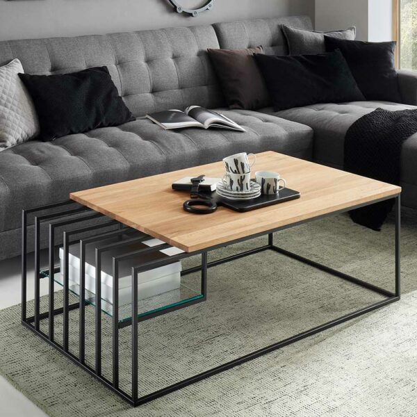 TopDesign Design Couchtisch in Eichefarben und Schwarz Glasablage