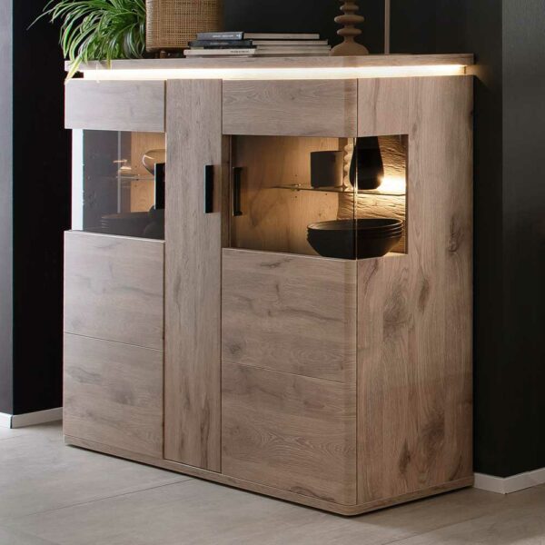 TopDesign Highboard mit Glastüren in Wildeichefarben LED Beleuchtung