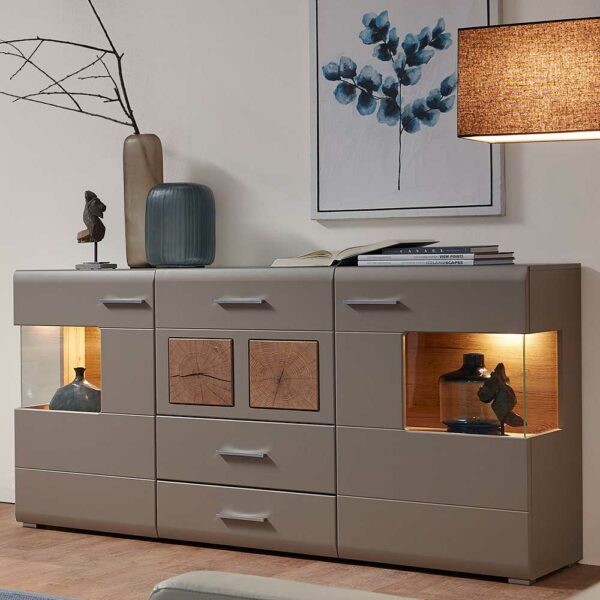 BestLivingHome Wohnzimmer Sideboard in Grau und Eiche Optik LED Beleuchtung