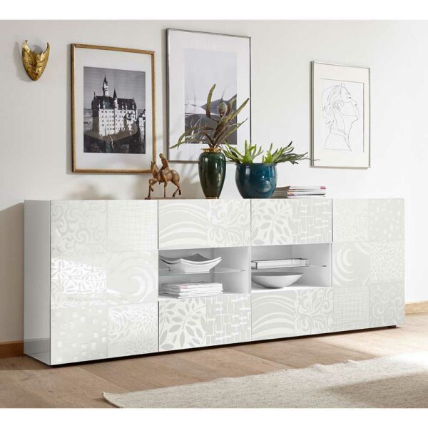 Homedreams Esszimmer Sideboard in Weiß Hochglanz Siebdruck verziert