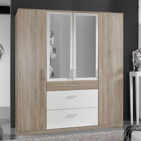 Star Möbel Kleiderschrank mit Schubladen in Eiche Sägerau und Weiß 199 cm hoch