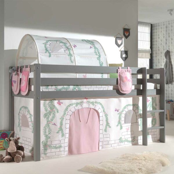 4Home Kinderspielbett in Grau und Rosa Stofftunnel und Vorhang