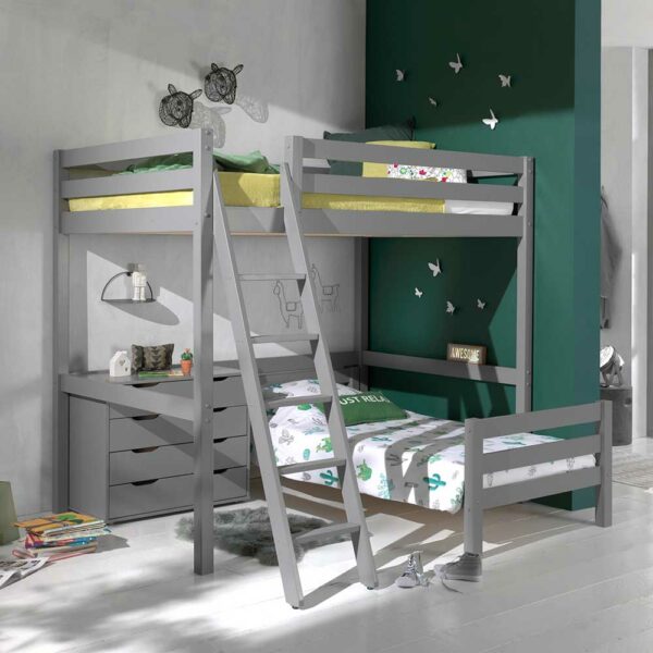 4Home Kinderstockbett aus Kiefer Massivholz Grau Kommode