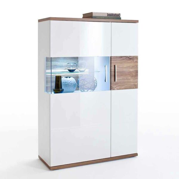 TopDesign Hochglanz Highboard in Weiß und Eiche Dekor 135 cm hoch