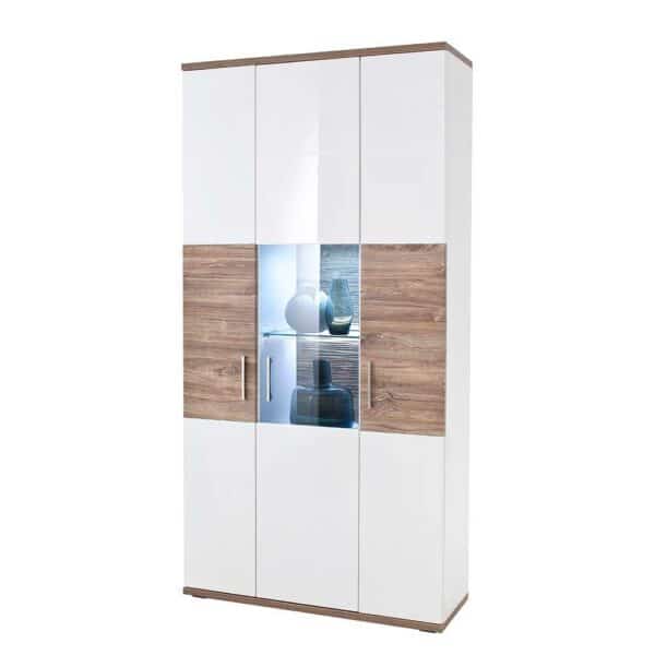 TopDesign Kombi Vitrine in Weiß Hochglanz und Eiche Dekor 100 cm breit