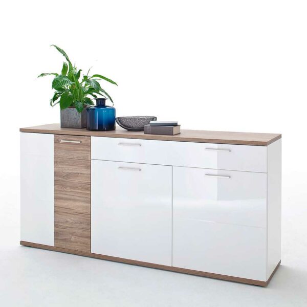 TopDesign Sidebord Hochglanz in Weiß und Eiche Dekor 180 cm breit