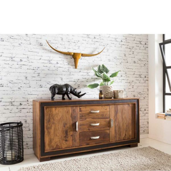 Möbel4Life Wohnzimmer Sideboard aus Sheesham Massivholz Kunstleder