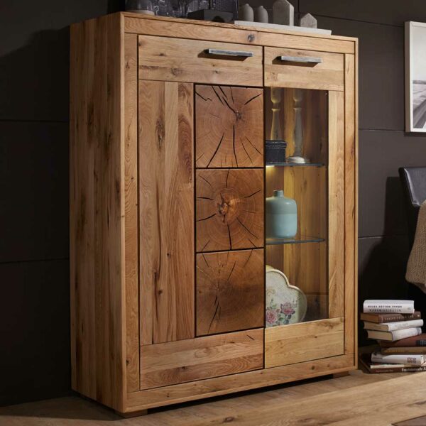 Basilicana Highboard Vitrine aus Wildeiche Massivholz 135 cm hoch