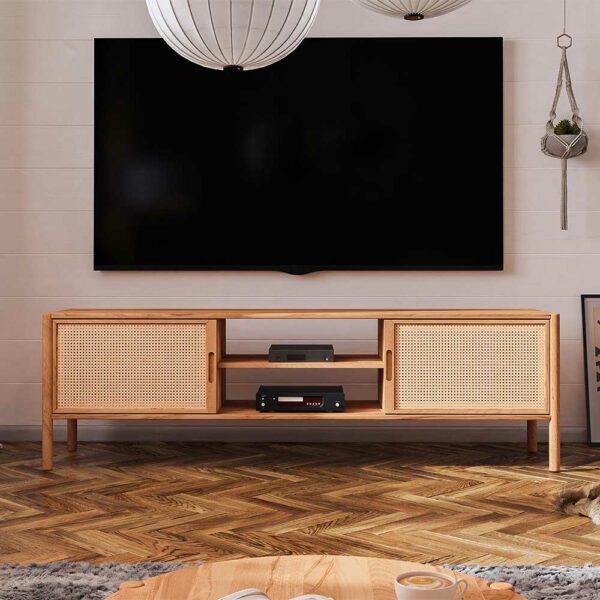 Basilicana Unterschrank Fernseher aus Wildbuche Massivholz und Rattan 64 cm hoch