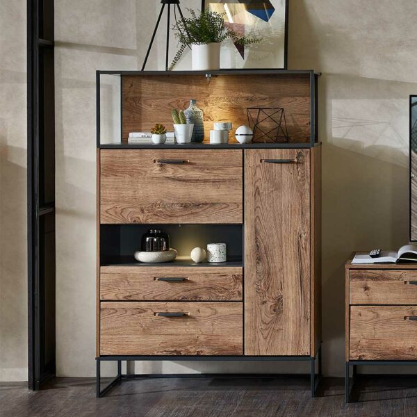 BestLivingHome Loft Design Highboard in Eiche dunkel Optik und Dunkelgrau Klappe