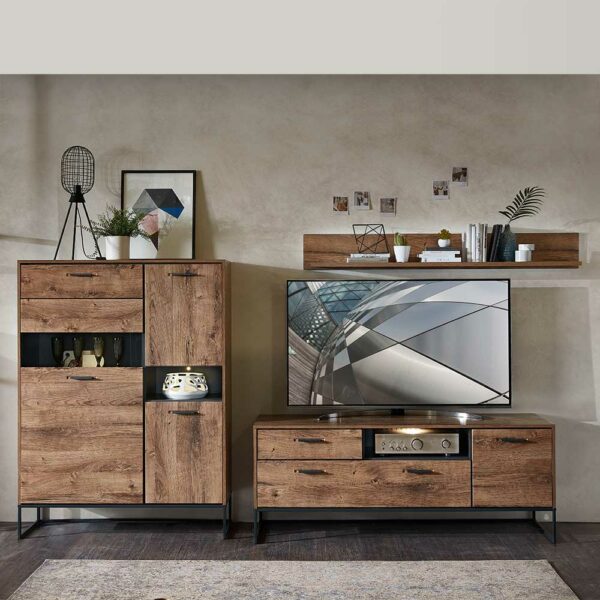 BestLivingHome TV Wohnwand im Loft Design Eiche dunkel Optik und Dunkelgrau (dreiteilig)