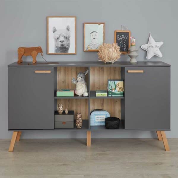 TopDesign Kinderzimmer Sideboard Skandi Stil in Grau Buchefarben