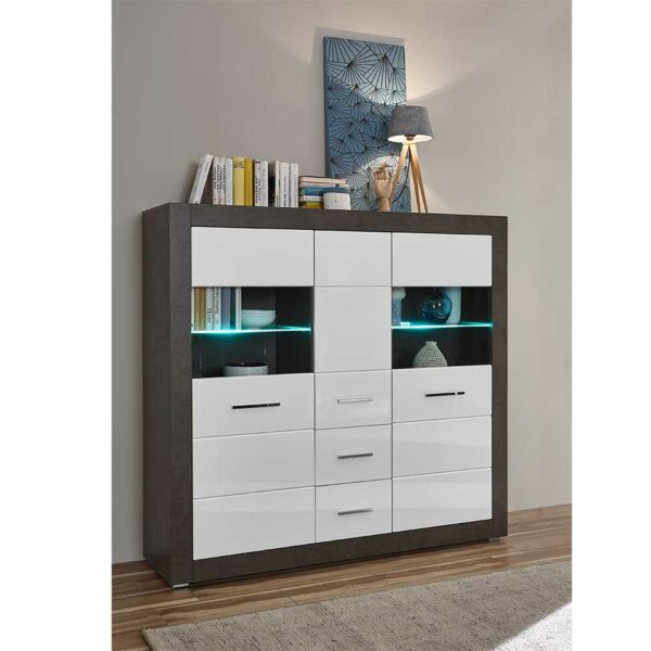 Brandolf Wohnzimmer Highboard in Weiß Hochglanz und Beton Grau modern