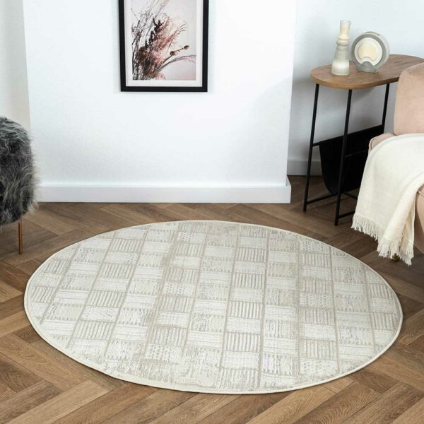 Doncosmo Kurzflor Teppich Kachelmuster in Creme und Beige 120 cm Durchmesser