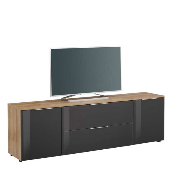 Müllermöbel TV Lowboard in Anthrazit und Eiche Optik Glas beschichtet