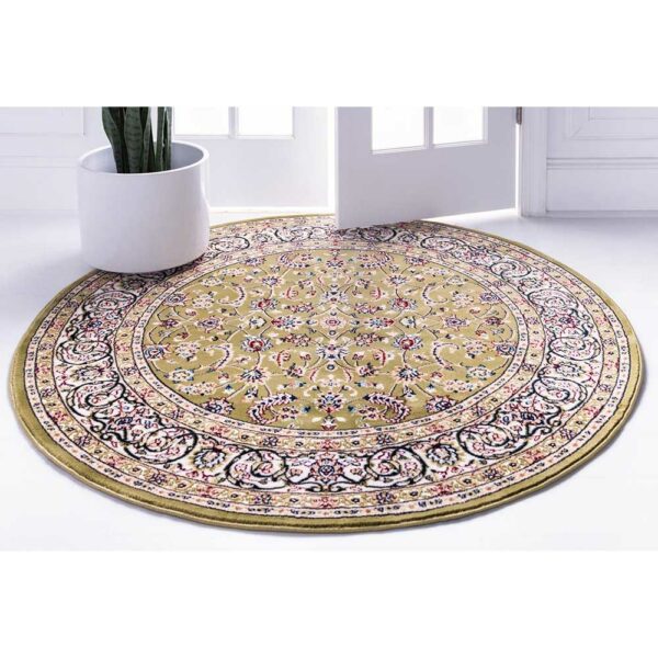 Doncosmo Orient Stil Teppich Oliv Grün aus Kurzflor 150 cm Durchmesser