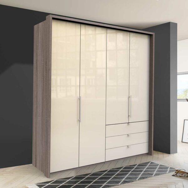 Franco Möbel Kombi Kleiderschrank in Creme Eiche Trüffelfarben Front glasbeschichtet