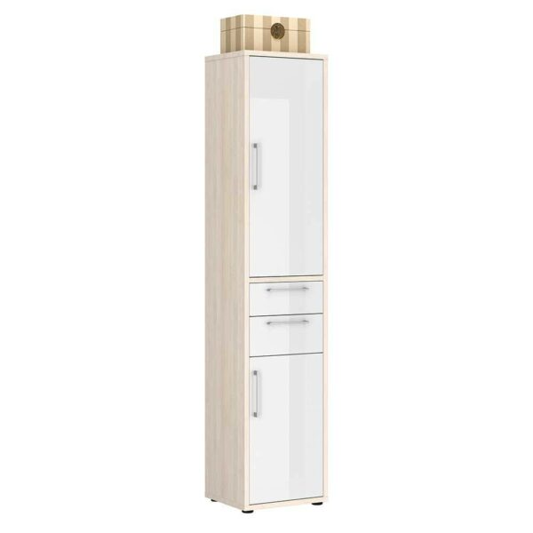 Müllermöbel Aktenordnerschrank in Holz White Wash Optik Weiß Hochglanz Front