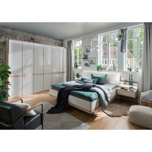 Franco Möbel Design Schlafzimmer Set in Eichefarben Beige Glas beschichtet (vierteilig)