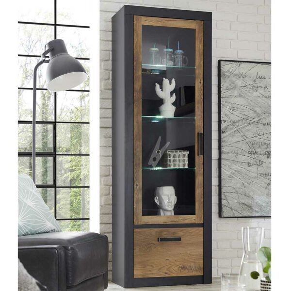 Brandolf Schrank Vitrine in Schwarz und Kastanienfarben 200 cm hoch