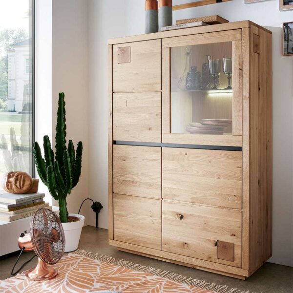 Basilicana Highboard Wildeiche aus Massivholz Glastür rechts