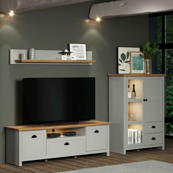 TopDesign Landhaus Design TV Wohnwand in Lichtgrau 160 cm hoch (dreiteilig)