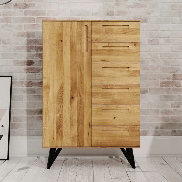 Basilicana Highboard aus Wildeiche Massivholz und Stahl 140 cm hoch