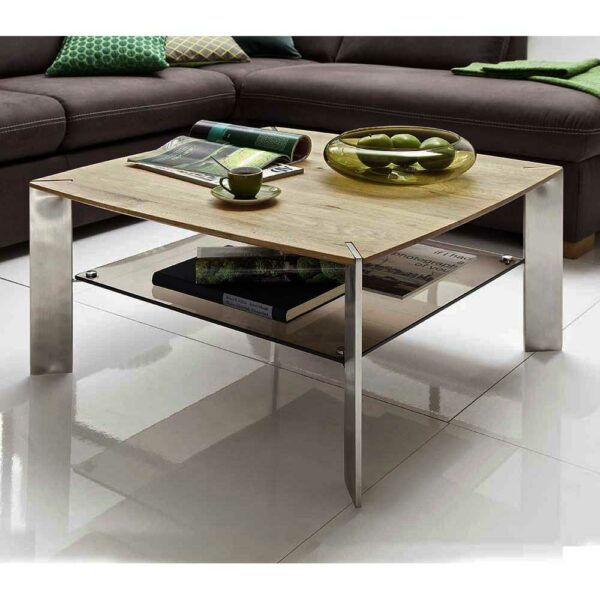 TopDesign Wohnzimmer Couchtisch mit Asteiche Massivholzplatte Sicherheitsglas Ablage